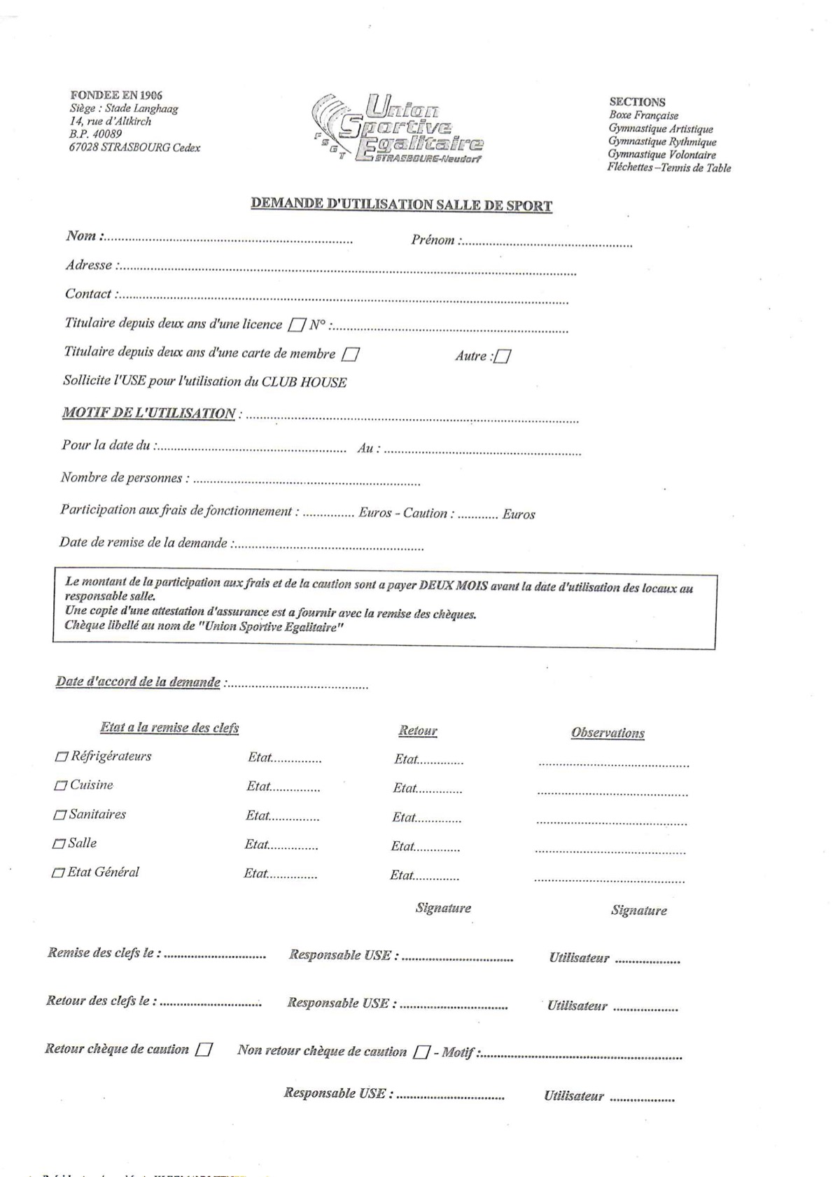 Demande d'utilisation salle de sport